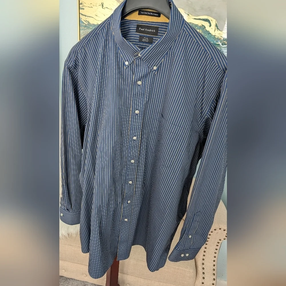 Paul Fredrick Non Iron Two Ply Cotton Blue Yellow Classic Fit Shirt Sz 19x36